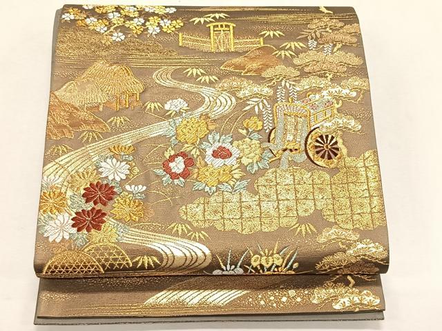 平和屋着物◎六通柄袋帯　唐織　御所車風景草花文　正絹　逸品　CABK2895yk
