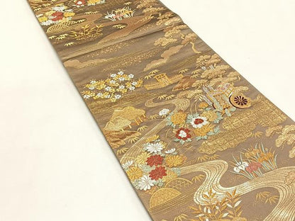 平和屋着物◎六通柄袋帯　唐織　御所車風景草花文　正絹　逸品　CABK2895yk