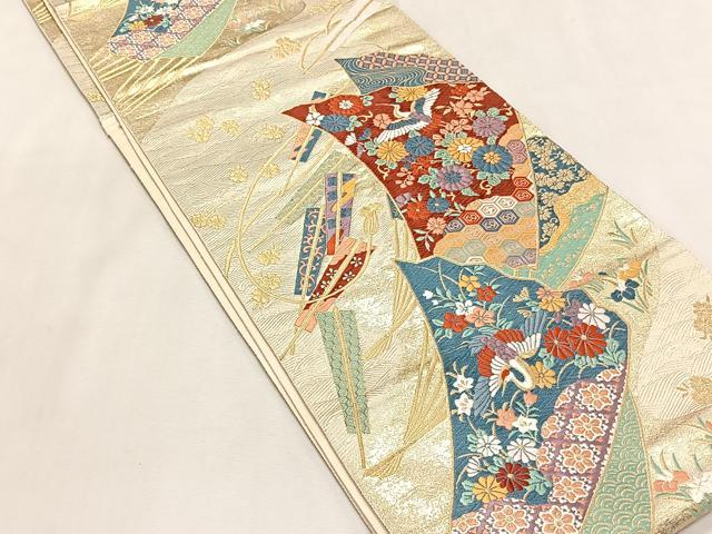 平和屋着物◎六通柄袋帯　唐織　飛鶴草花文　金糸　正絹　逸品　CABK2899yk