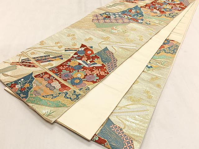 平和屋着物◎六通柄袋帯　唐織　飛鶴草花文　金糸　正絹　逸品　CABK2899yk