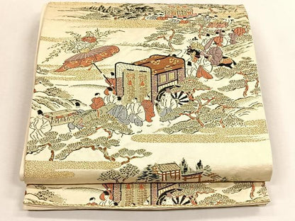 平和屋着物◎六通柄袋帯　御所車人物風景文　金糸　正絹　逸品　CABK2914yk