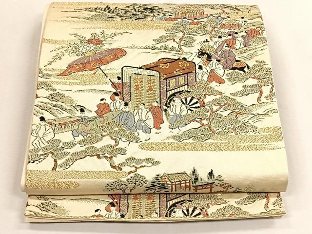 平和屋着物◎六通柄袋帯　御所車人物風景文　金糸　正絹　逸品　CABK2914yk