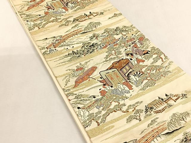 平和屋着物◎六通柄袋帯　御所車人物風景文　金糸　正絹　逸品　CABK2914yk