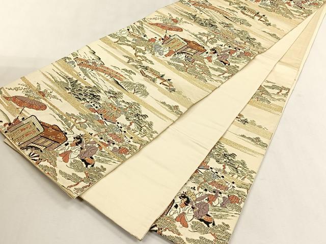 平和屋着物◎六通柄袋帯　御所車人物風景文　金糸　正絹　逸品　CABK2914yk