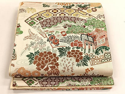 平和屋着物◎六通柄袋帯　御所車地紙草花文　金銀糸　正絹　逸品　未使用　CABK2928yk