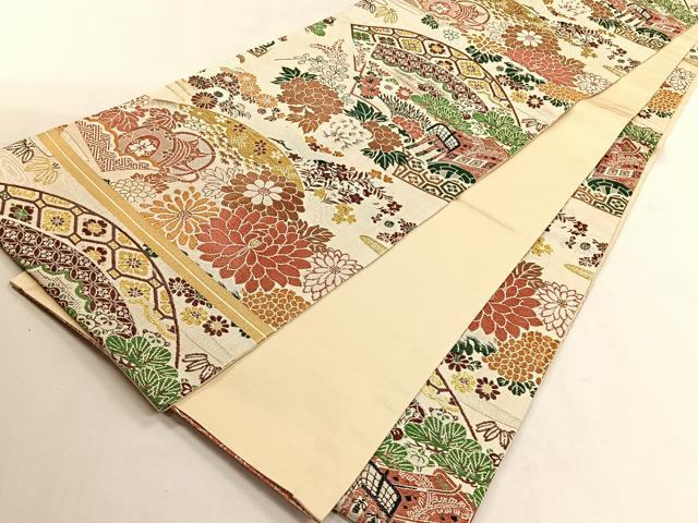 平和屋着物◎六通柄袋帯　御所車地紙草花文　金銀糸　正絹　逸品　未使用　CABK2928yk