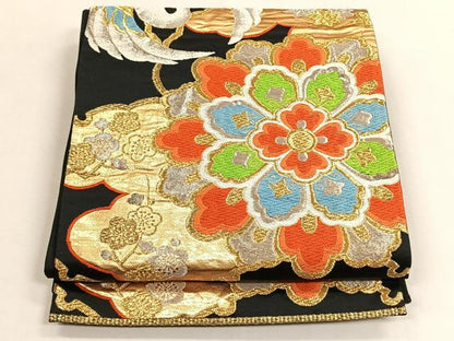 平和屋着物◎六通柄袋帯　唐織　正倉院花文　黒地　金銀糸　正絹　逸品　CABK2929yk