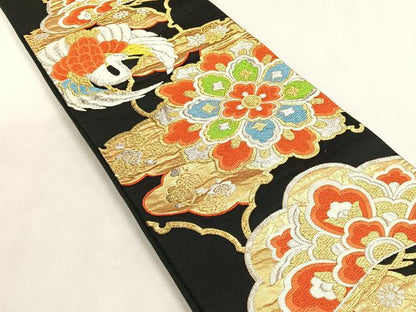 平和屋着物◎六通柄袋帯　唐織　正倉院花文　黒地　金銀糸　正絹　逸品　CABK2929yk