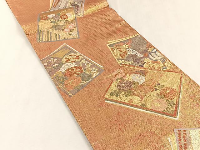 平和屋着物◎佐賀錦　西陣　六通柄袋帯　色紙草花文　金糸　証紙付き　上代28万　正絹　逸品　未使用　CABK2935yk