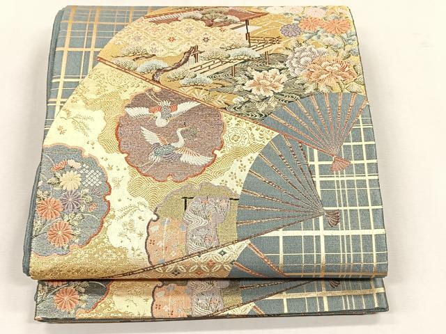 平和屋着物◎六通柄袋帯　紹彩錦　扇面飛鶴風景文　金銀糸　正絹　逸品　CABK2936yk