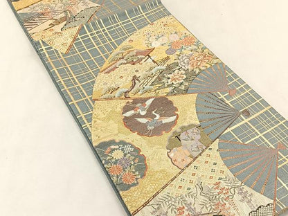 平和屋着物◎六通柄袋帯　紹彩錦　扇面飛鶴風景文　金銀糸　正絹　逸品　CABK2936yk