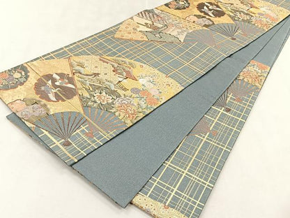 平和屋着物◎六通柄袋帯　紹彩錦　扇面飛鶴風景文　金銀糸　正絹　逸品　CABK2936yk