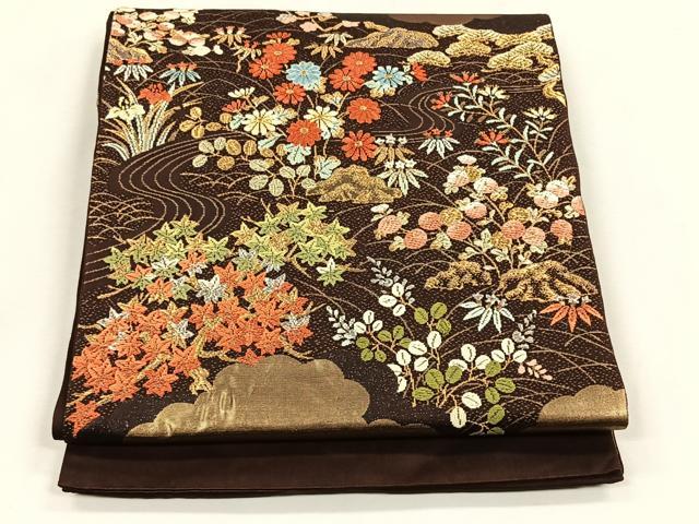 平和屋着物◎六通柄袋帯　唐織　雲取り草花文　金糸　正絹　逸品　CABK2938yk