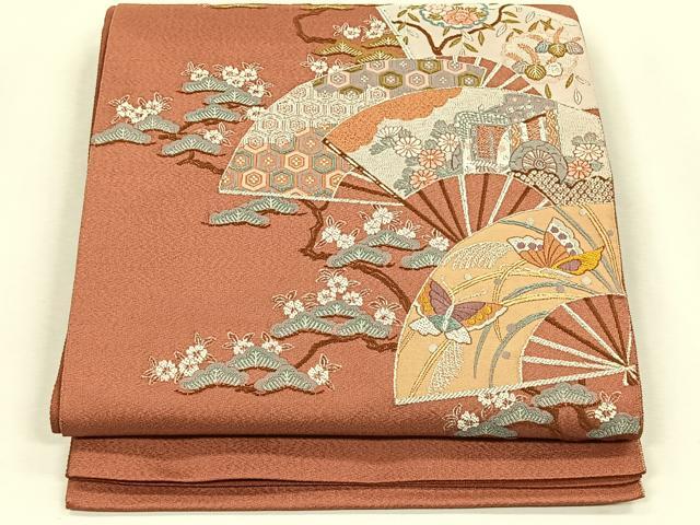 平和屋着物◎西陣　小寺織物謹製　太鼓柄袋帯　扇面御所車花蝶文　銀糸　証紙付き　正絹　逸品　未使用　CABK2946yk