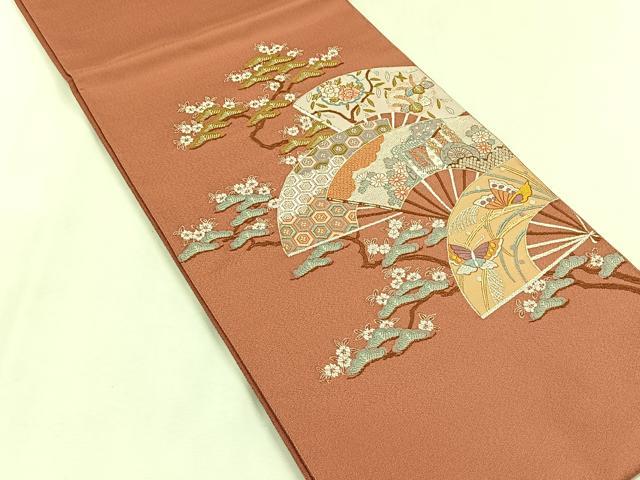 平和屋着物◎西陣　小寺織物謹製　太鼓柄袋帯　扇面御所車花蝶文　銀糸　証紙付き　正絹　逸品　未使用　CABK2946yk