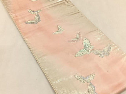 平和屋着物◎六通柄袋帯　舞蝶文　銀糸　正絹　逸品　CABK2955yk