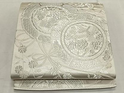 平和屋着物◎六通柄袋帯　唐織　美保姿　花鳥絵皿文　銀糸　正絹　逸品　CABK2967yk