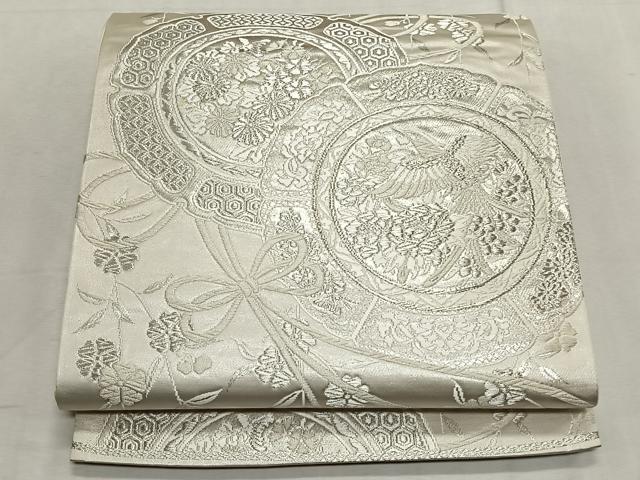 平和屋着物◎六通柄袋帯　唐織　美保姿　花鳥絵皿文　銀糸　正絹　逸品　CABK2967yk