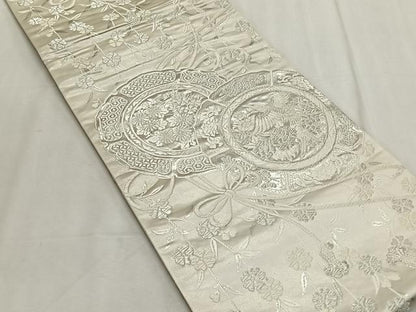 平和屋着物◎六通柄袋帯　唐織　美保姿　花鳥絵皿文　銀糸　正絹　逸品　CABK2967yk
