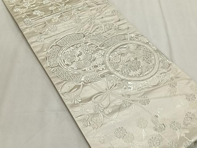 平和屋着物◎六通柄袋帯　唐織　美保姿　花鳥絵皿文　銀糸　正絹　逸品　CABK2967yk