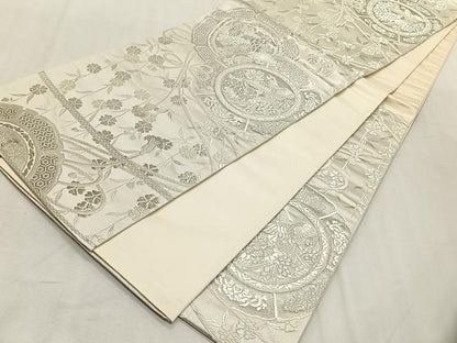 平和屋着物◎六通柄袋帯　唐織　美保姿　花鳥絵皿文　銀糸　正絹　逸品　CABK2967yk