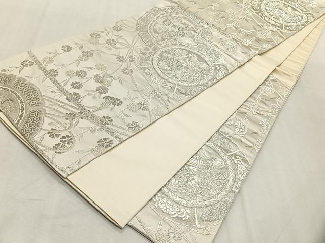 平和屋着物◎六通柄袋帯　唐織　美保姿　花鳥絵皿文　銀糸　正絹　逸品　CABK2967yk