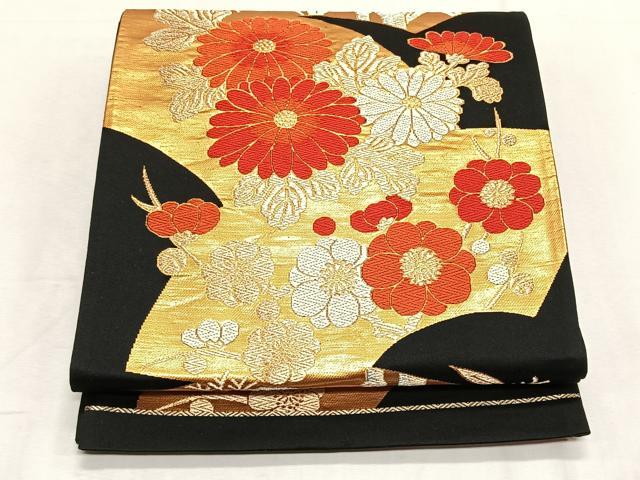 平和屋着物◎六通柄袋帯　唐織　地紙重ね草花文　黒地　金銀糸　正絹　逸品　CABK2969yk