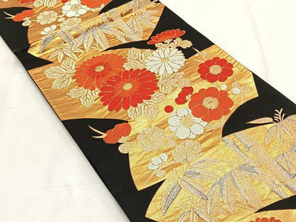 平和屋着物◎六通柄袋帯　唐織　地紙重ね草花文　黒地　金銀糸　正絹　逸品　CABK2969yk