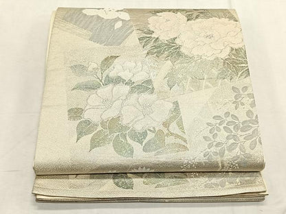 平和屋着物◎六通柄袋帯　色紙重ね草花文　銀糸　正絹　逸品　CABK2972yk