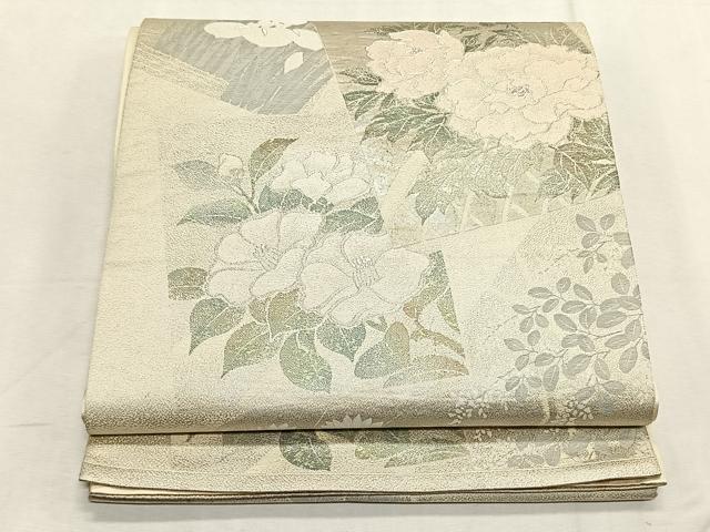 平和屋着物◎六通柄袋帯　色紙重ね草花文　銀糸　正絹　逸品　CABK2972yk