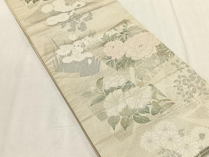 平和屋着物◎六通柄袋帯　色紙重ね草花文　銀糸　正絹　逸品　CABK2972yk
