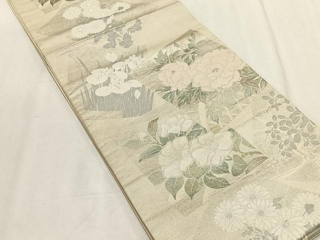 平和屋着物◎六通柄袋帯　色紙重ね草花文　銀糸　正絹　逸品　CABK2972yk