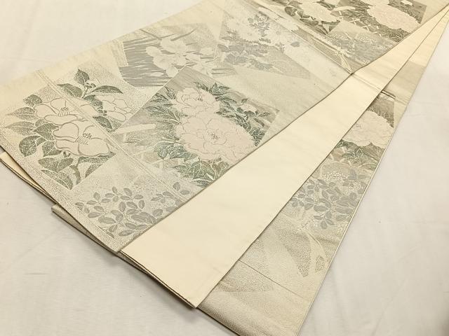 平和屋着物◎六通柄袋帯　色紙重ね草花文　銀糸　正絹　逸品　CABK2972yk