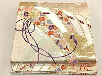 平和屋着物◎六通柄袋帯　檜扇飛鶴花文　金糸　正絹　逸品　CABK2975yk