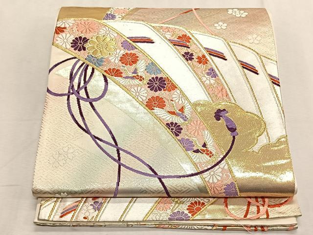 平和屋着物◎六通柄袋帯　檜扇飛鶴花文　金糸　正絹　逸品　CABK2975yk