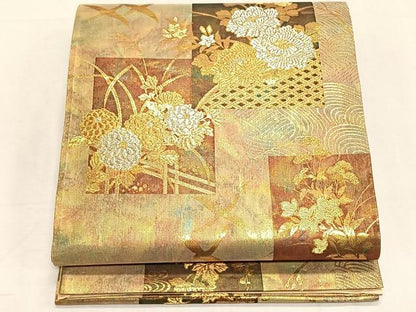 平和屋着物◎京西陣　六通柄袋帯　華雅箔　色紙草花文　銀糸　三越扱い　正絹　逸品　CABK2984yk