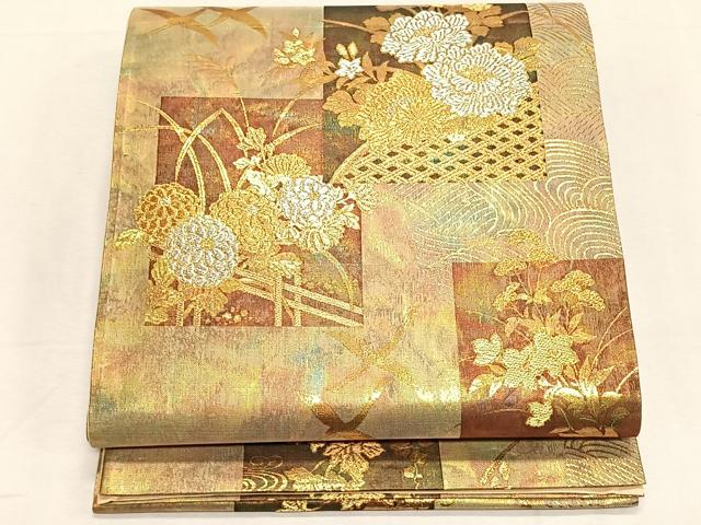 平和屋着物◎京西陣　六通柄袋帯　華雅箔　色紙草花文　銀糸　三越扱い　正絹　逸品　CABK2984yk