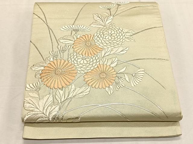 平和屋着物◎太鼓柄袋帯　総刺繍　駒刺繍　枝菊文　銀糸　正絹　逸品　CABK2986yk
