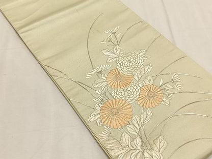 平和屋着物◎太鼓柄袋帯　総刺繍　駒刺繍　枝菊文　銀糸　正絹　逸品　CABK2986yk