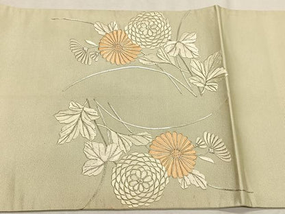 平和屋着物◎太鼓柄袋帯　総刺繍　駒刺繍　枝菊文　銀糸　正絹　逸品　CABK2986yk