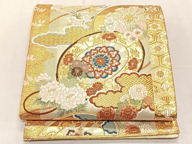 平和屋着物◎六通柄袋帯　正倉院源氏車花文　金糸　正絹　逸品　未使用　CABK2992yk