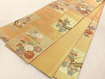平和屋着物◎六通柄袋帯　色紙重ね草花文　金糸　正絹　逸品　CABK2998yk