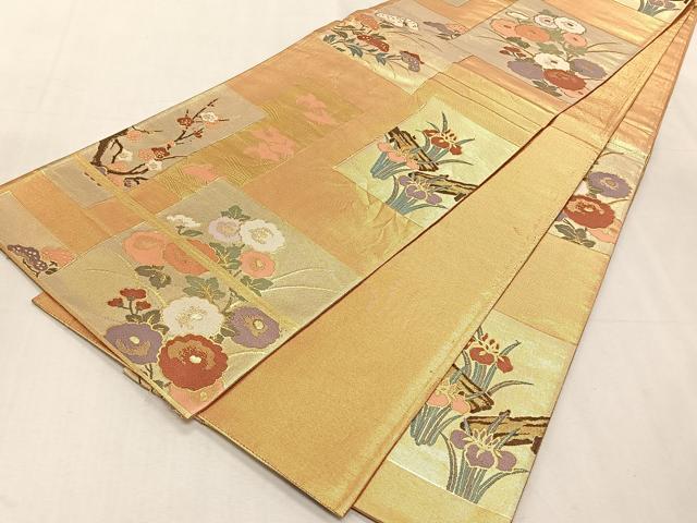 平和屋着物◎六通柄袋帯　色紙重ね草花文　金糸　正絹　逸品　CABK2998yk