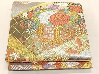 平和屋着物◎佐賀錦　西陣　野々村織物謹製　六通柄袋帯　唐織　花車文　金糸　正絹　逸品　CABK3002yk