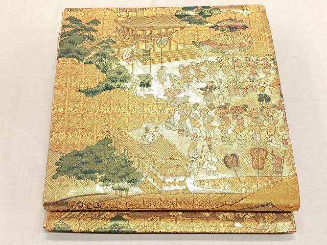 平和屋着物◎六通柄袋帯　人物風景文　金糸　正絹　逸品　未使用　CABK3007yk
