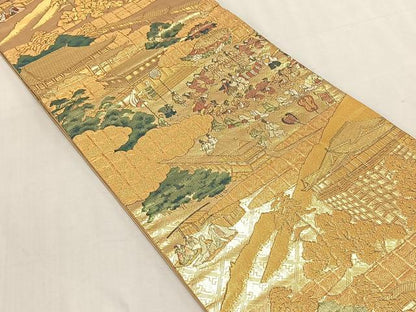 平和屋着物◎六通柄袋帯　人物風景文　金糸　正絹　逸品　未使用　CABK3007yk