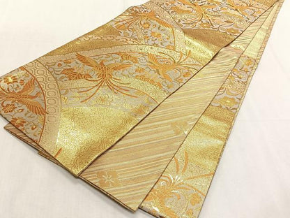 平和屋着物◎両面　六通柄袋帯　更紗花鳥文　金糸　正絹　逸品　CABK3020yk