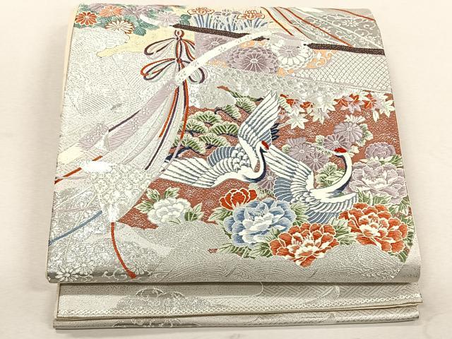 平和屋着物◎六通柄袋帯　鶴　優　プラチナ箔　正絹　逸品　CABK3027yk