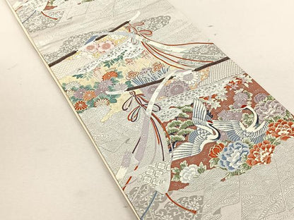 平和屋着物◎六通柄袋帯　鶴　優　プラチナ箔　正絹　逸品　CABK3027yk