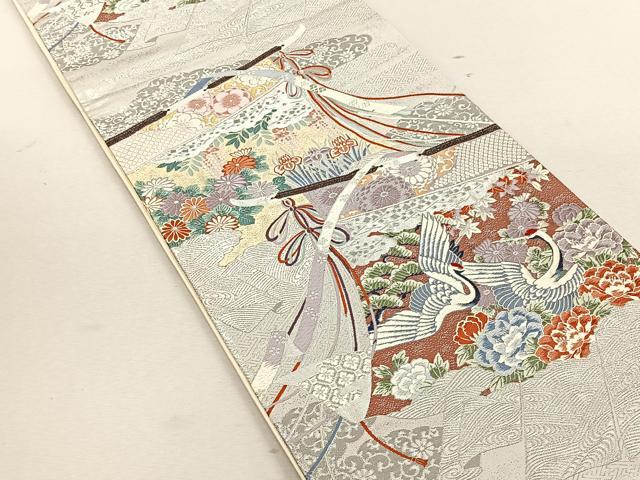 平和屋着物◎六通柄袋帯　鶴　優　プラチナ箔　正絹　逸品　CABK3027yk